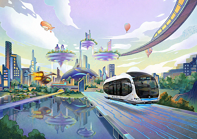 保留原图整体构图、未来城市国潮插画风格以及所有背景元素，将画面中的轮式公交替换为悬浮式公交，公交悬浮在道路上方