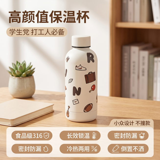 「图片1」，生成一套主图（5张），商品名称是高颜值保温杯，卖点是食品级 316 不锈钢 长效锁温 冷热两用 密封防漏 倒置不洒 小众设计 不撞款 学生党 / 打工人必备 ，风格是可爱治愈风，适配淘宝/预览效果