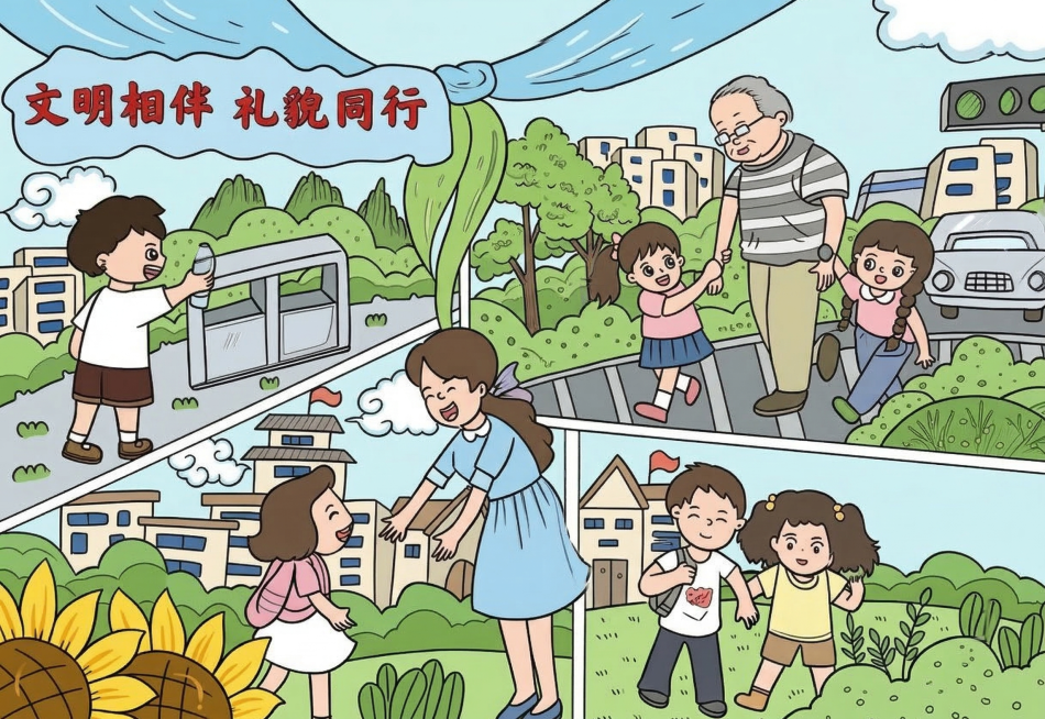 为“文明相伴 礼貌同行”主题手抄报线稿合理上色，整体明亮温馨，契合文明礼貌主题。顶部横幅为淡蓝色，标题文字用大红色填充。左上角扔垃圾的小男孩：上衣白色，短裤深棕色，垃圾桶浅灰色。右上角搀扶老人的小朋友预览效果