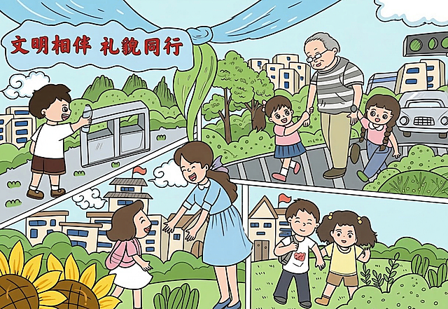 为“文明相伴 礼貌同行”主题手抄报线稿合理上色，整体明亮温馨，契合文明礼貌主题。顶部横幅为淡蓝色，标题文字用大红色填充。左上角扔垃圾的小男孩：上衣白色，短裤深棕色，垃圾桶浅灰色。右上角搀扶老人的小朋友：女孩上衣淡粉色，裙子浅藏蓝色，老人上衣灰白条纹，裤子浅卡其色。中间打招呼的老师和学生：老师连衣裙淡蓝色，女学生上衣浅粉色，裙子白色。右下角两个小朋友：男孩上衣白色，裤子深灰色；女孩上衣淡黄色，短裤浅棕色。背景建筑：楼房墙面浅米黄色，窗户深蓝色。植物：树木叶子嫩绿色，草地浅绿色，左下角向日葵花瓣黄色，花盘深棕色，汽车浅银灰色。天空背景淡蓝色，点缀白色云朵。整体色彩明亮温暖，充满正能量。