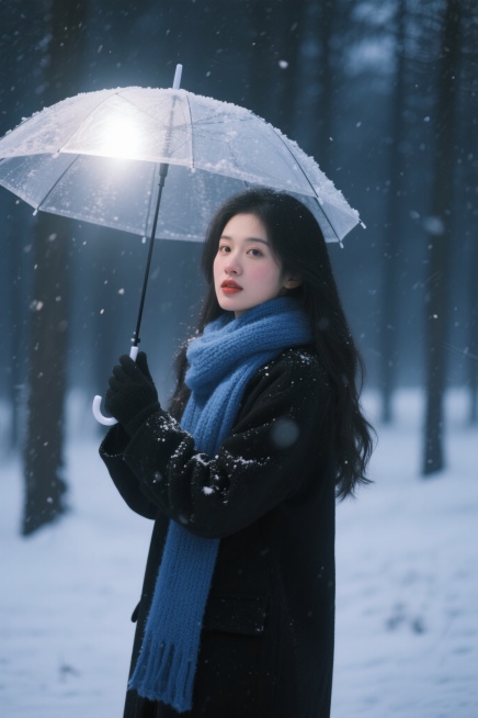 夜晚雪景森林，黑长发女性撑伞转头看镜头，侧逆光勾勒脸部轮廓与发丝，蓝色粗针织大围巾，黑色大衣与手套，皮肤通透，淡粉色腮红晕染脸颊下巴，红棕豆沙唇釉边缘模糊，旧胶片机闪光灯效果，雪花飘落有虚实质感，清冷预览效果