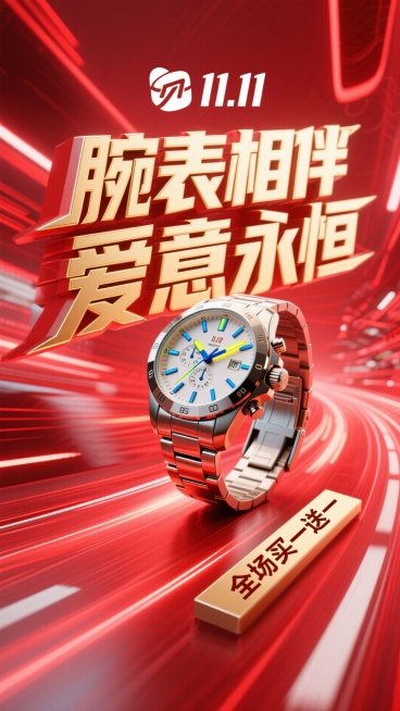 背景是充满动感的亮红色速度线抽象光影，如同赛道上飞驰的轨迹。一款硬朗的机械运动手表以微微倾斜的角度置于画面中心，表盘细节清晰，指针散发着幽蓝或亮黄色的夜光，与红色背景形成强烈撞色。表身周围有金属质感的预览效果