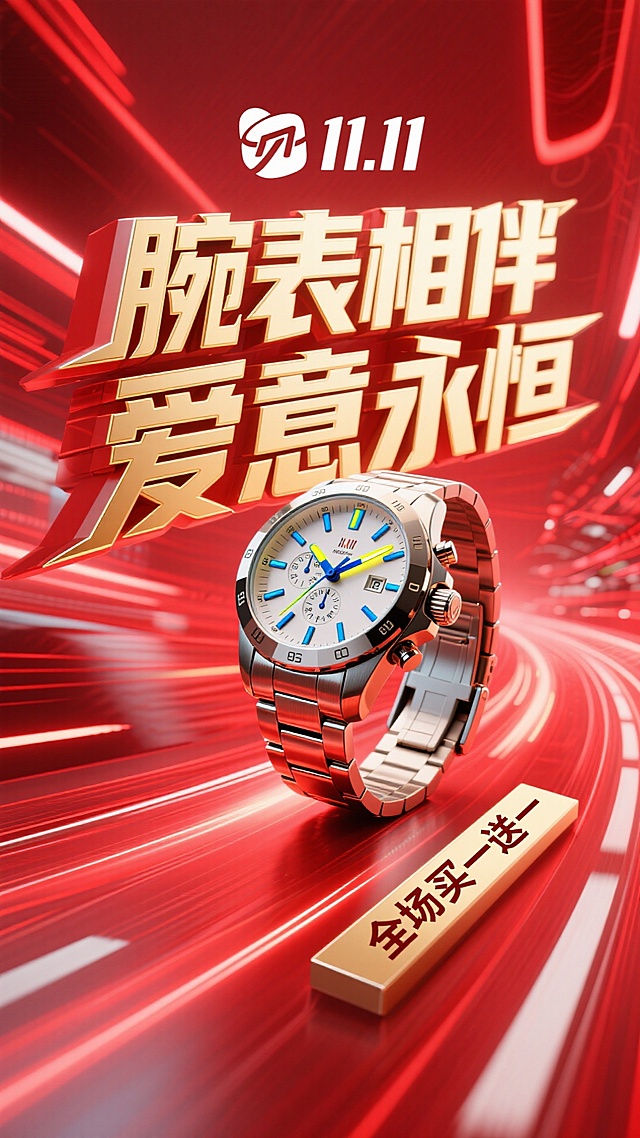 背景是充满动感的亮红色速度线抽象光影，如同赛道上飞驰的轨迹。一款硬朗的机械运动手表以微微倾斜的角度置于画面中心，表盘细节清晰，指针散发着幽蓝或亮黄色的夜光，与红色背景形成强烈撞色。表身周围有金属质感的光效流动，强调速度与力量。
白色的“11.11”logo，巨大亮金色质感的主标题“腕表相伴 爱意永恒”使用 bold 的无衬线粗体，以突破式的布局斜贯画面，充满力量感。副标题“全场买一送一”则以块状标签形式固定在角落，醒目直接。