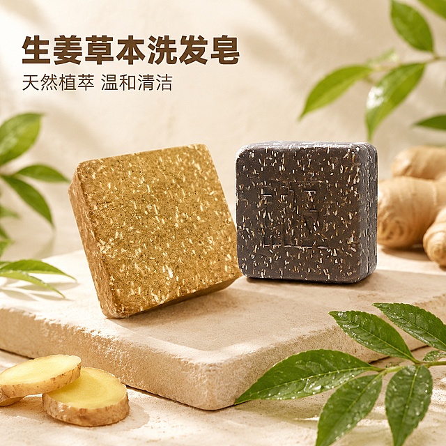 [主图-1] 生姜草本洗发皂天然植萃首图
[氛围风格] 天然植萃风，柔和自然，干净高级
[画质] 商业摄影质感、光线柔和通透、产品清晰真实、画面干净高级
[元素] 两块生姜草本洗发皂居中放置，浅米色石膏静物台，新鲜生姜切片与新鲜翠绿生姜枝叶点缀在四周。保持洗发皂外观（即物理结构、形状大小、材质质感、颗粒分布、颜色深浅）与输入产品图保持绝对一致，杜绝任何变形和色差，精细化处理。商品主体占比严格控制在70%左右；画面满屏无边框。
[光影] 柔和自然侧窗光，整体明亮通透；生姜枝叶上有轻微晨露光泽，皂体颗粒纹理清晰呈现，阴影柔和不生硬，高光自然不溢出。
[配色] 主色调浅米白、皂体棕黄、辅色自然翠绿，色彩清新干净。
[视角构图] 平视45°斜角构图，景深适中，产品轮廓完整不裁切。
[文字版式] 左上角负空间左对齐，大字文案写"生姜草本洗发皂"，深棕色最大号粗体无衬线字体，清晰醒目；下方小字辅助文案写"天然植萃 温和清洁"，字号缩小一半，同色系浅棕。文字不遮挡产品主体。
[输出要求] 1:1 比例，文字清晰锐利，超高清商业摄影质感
[负向提示词] 变形，文字错乱，产品图模糊，背景杂乱，水印，电商平台Logo