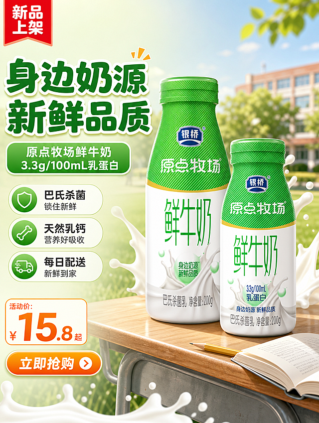 [商品] 使用【图3】绿色原点牧场鲜牛奶、【图4】绿色原点牧场3.3g乳蛋白鲜牛奶；保留两款瓶子的绿色瓶盖、银桥Logo、鲜牛奶大字、乳蛋白含量文字、巴氏杀菌乳文字、牛奶飞溅图案等所有包装细节，瓶型比例和颜色完全保真。
[画面] 明星单品推荐-鲜牛奶系列，目标突出新鲜奶源和高乳蛋白卖点。左文右图结构，左侧文字信息区占40%，右侧产品展示区占60%。两款鲜牛奶一大一小错落摆放在木质课桌上，旁边有打开的课本和铅笔，产品占画面55%。前景有牛奶飞溅和绿色奶滴特效，中景是产品和课桌，后景是虚化的校园草地和阳光，3层以上视觉层次。左上角有「新品上架」红色标签。
[视觉] 套系策略：风格=开学季青春活泼电商详情页风格；标题字=粗圆体/卡通黑体，带轻微描边和立体字效；正文字=简洁无衬线圆体；主色=清新蓝绿+活力橙黄；背景延展=基于浅绿色和暖黄色渐变，搭配校园草地阳光质感；强调色=橙黄色，仅用于价格标签、按钮和小图标；标题色=深绿色；正文色=深灰蓝；组件=圆角绿色信息卡、橙色胶囊按钮、牛奶飞溅装饰；光影=左前侧暖自然光，产品有自然投影和高光。
[文字] 左侧主标题「身边奶源 新鲜品质」，副标题「原点牧场鲜牛奶 3.3g/100mL乳蛋白」，下方3个卖点短句：①巴氏杀菌 锁住新鲜；②天然乳钙 营养好吸收；③每日配送 新鲜到家。底部橙色圆角按钮「立即抢购」+价格标签。文字全部横向排版，不遮挡产品主体。
[规格] 图片比例3:4竖版，4K分辨率，负向提示：避免产品变形、瓶身文字模糊、颜色偏差、人物脸部、二维码、极限词。