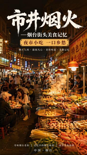 这是一张市井烟火主题海报，主标题为"市井烟火——烟台街头美食记忆"，副标题为"夜市小吃 一口乡愁"。海报核心展示烟台热闹夜市场景，包含多样街边小吃摊位，点缀悠闲市民生活场景，还原烟台老街夜市氛围。配色预览效果