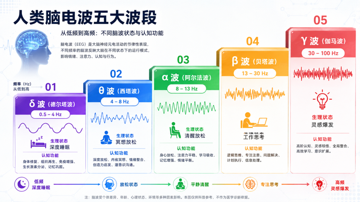 信息可视化图表，展示人类脑电波五种主要波段：δ波(0.5–4Hz，深度睡眠)、θ波(4–8Hz，冥想放松)、α波(8–13Hz，清醒放松)、β波(13–30Hz，工作思考)、γ波(30–100Hz，灵预览效果