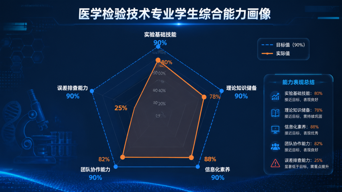 五维雷达总览图，标题"医学检验技术专业学生综合能力画像"。五个核心维度：实验基础技能、理论知识储备、信息化素养、团队协作能力、误差排查能力。蓝色虚线为目标值，均为90%。橙色实线为实际值，分别为：80预览效果