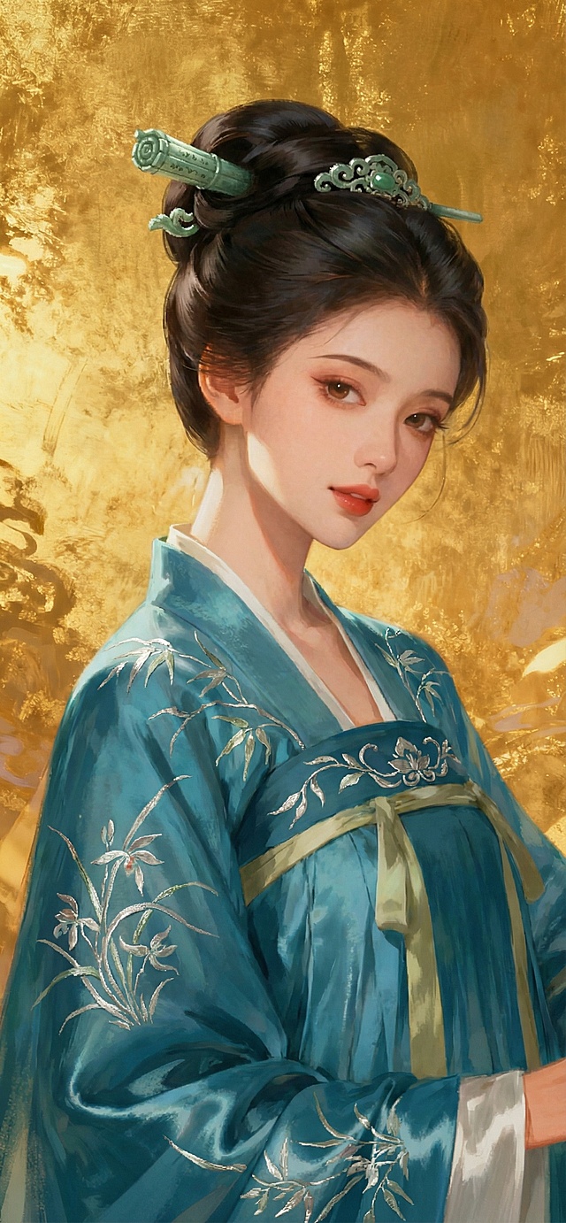 将发型更换为干练的垂云髻，搭配玉质书卷发簪，服饰更换为绣有兰竹纹样的湖蓝色襦裙，营造智慧聪明的气质