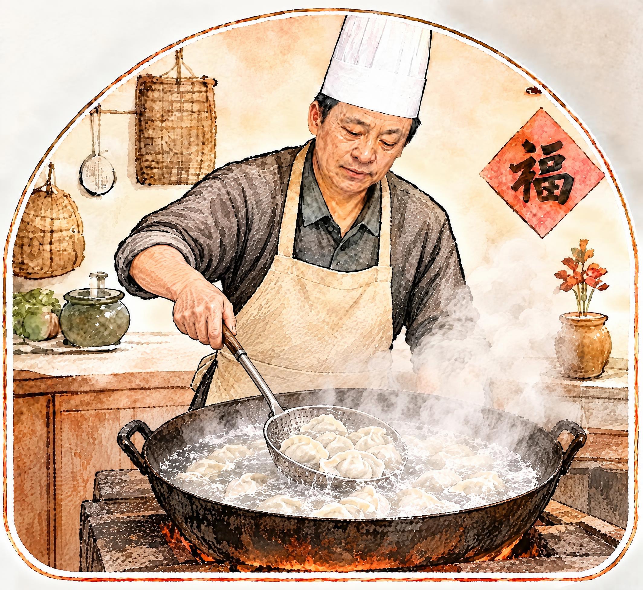 将包饺子场景改为煮饺子场景：桌面换成灶台，上面放一口冒着热气的… - 图片创意预览