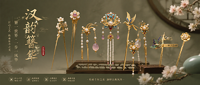 汉服发簪宣传图，展示多款精致古风发簪，凸显中式传统美学