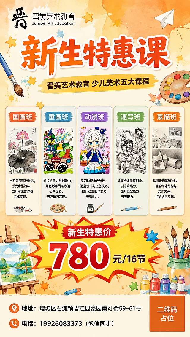 少儿美术课程招生海报，竖版9:16，手绘水彩插画风格，明亮活泼暖橙黄色调。画面顶部左上角放置晋美艺术教育logo（参考图1的书法"晋"字logo与品牌名称）。主标题超大粗体字"新生特惠课"，副标题"晋美艺术教育 少儿美术五大课程"。中部展示五大课程卡片并列展示：国画班、童画班、动漫班、速写班、素描班，每个课程配小图标和简短说明。价格区超大醒目展示"780元/16节"，用爆炸贴色块突出，标注"新生特惠价"。背景为暖橙渐变，装饰画笔、调色盘、颜料、画架、星星、纸飞机等童趣艺术元素。底部放置联系方式：地址"增城区石滩镇碧桂园豪园南灯街59-61号"，电话"19926083373（微信同步）"，右下角放置二维码占位符（纯色方块中央标注"二维码占位"文字）。版式精美，信息层级分明，四周留足安全边距，所有文字清晰可读。画面中所有信息区域、课程卡片、价格区域必须填充完整合理的内容，不得出现空白框或占位模板。画面中所有数字必须精确渲染，不得错位、遗漏或编造。