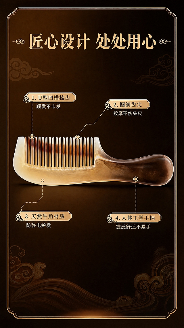 [商品] 使用【图1】天然牛角梳；保留渐变色牛角材质、圆润手柄造型、U型凹槽梳齿结构、梳齿棕褐色斑纹、整体比例和质感；产品横向居中展示，梳齿细节清晰放大。
[画面] 目标：结构解析页，引线标注核心结构设计。构图：产品居中偏上，四周引线标注关键部位。产品占画面55%，水平摆放，梳齿朝左。背景深棕褐色渐变，点缀中式云纹装饰。
[视觉] 套系策略：风格=新中式轻奢商业摄影；标题字=宋体粗体+中式衬线；正文字=简洁黑体；主色=深棕褐色；背景延展=基于深棕褐色做深浅渐变、同色系层次和细腻纹理质感；强调色=香槟金，仅用于小面积图标、引线、标签和边框装饰；标题色=香槟金；正文色=米白色；组件=中式圆角边框、细线引线、云纹装饰元素；光影=左前侧暖柔光，突出牛角温润通透质感。
[文字] 顶部主标题「匠心设计 处处用心」（8字）。4处引线标注：1. U型凹槽梳齿-顺发不卡发；2. 圆润齿尖-按摩不伤头皮；3. 天然牛角材质-防静电护发；4. 人体工学手柄-握感舒适不累手。文字全部横向排版，引线从产品各部位引出，不遮挡主体。
[规格] 图片比例9:16竖版，4K分辨率，负向提示：避免变形、错字、文字过小、冷蓝背景、产品颜色改变、结构失真、竖排文字、绝对化用语。