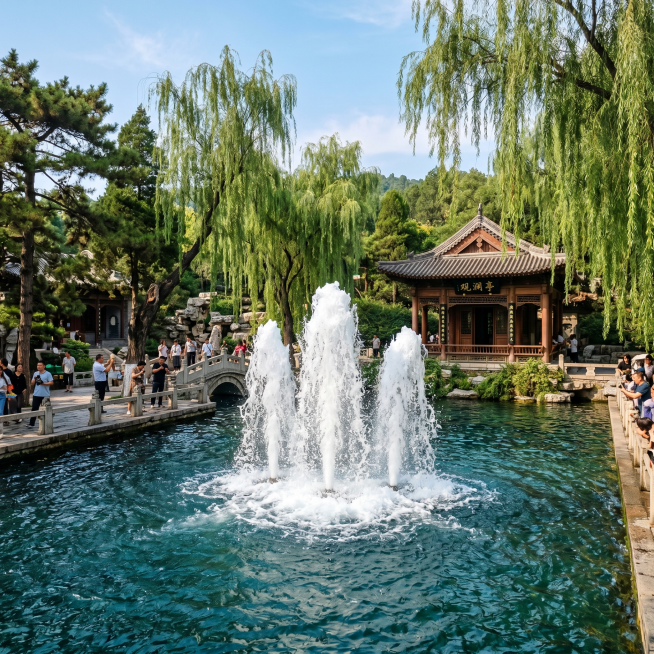 趵突泉济南第一泉景色，三股水喷涌而出，周围古树环绕垂柳依依，观澜亭静静伫立，展现天下第一泉的壮观风貌预览效果