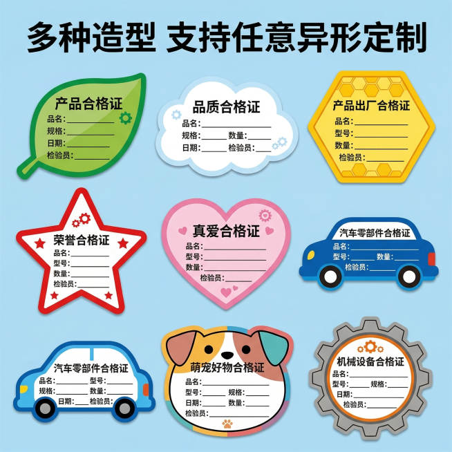 生成多种异形合格证案例展示主图，采用三行网格排版，展示8款不同异形造型的合格证卡片，所有设计围绕合格证定制，不重复其他参考图内容，每个卡片完整展示造型和填写区域，背景浅蓝色，顶部大字标题"多种造型 支预览效果