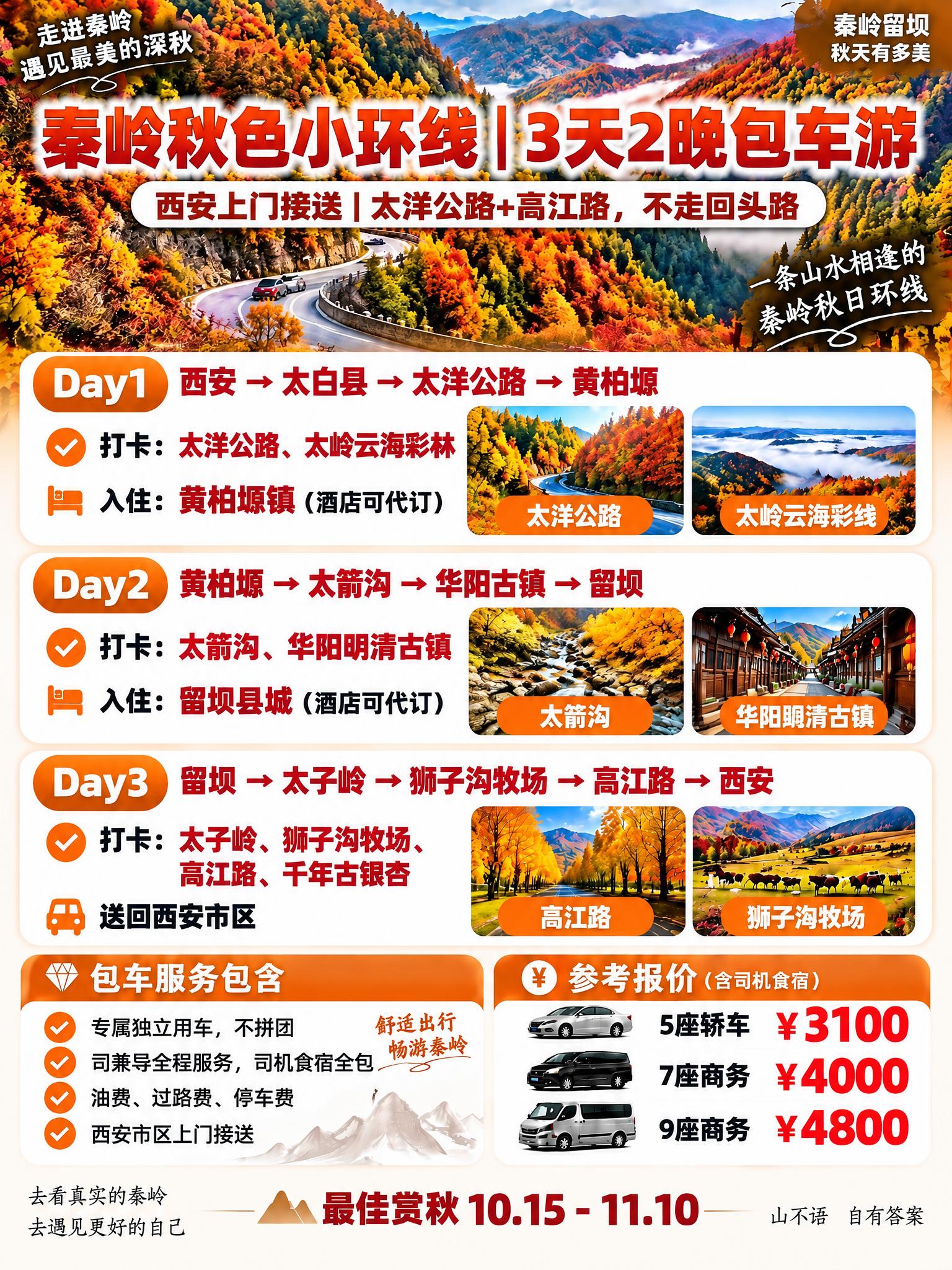基于参考海报，保留秦岭盘山公路彩林实景背景和3天2晚全部行程内… - 图片创意预览