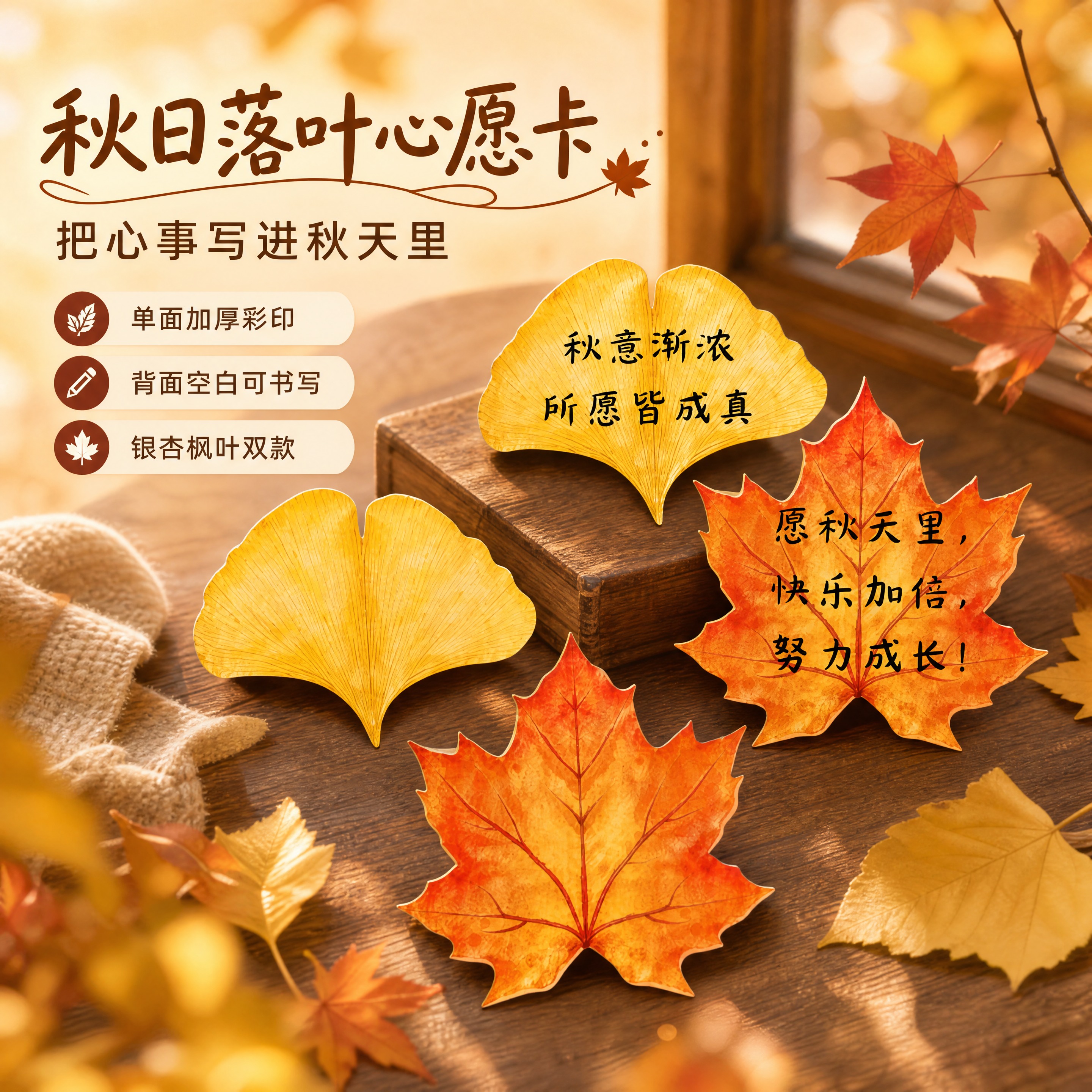 [商品] 使用【图1】秋日落叶心愿卡，含银杏款（金黄色扇形，正… - 图片创意预览
