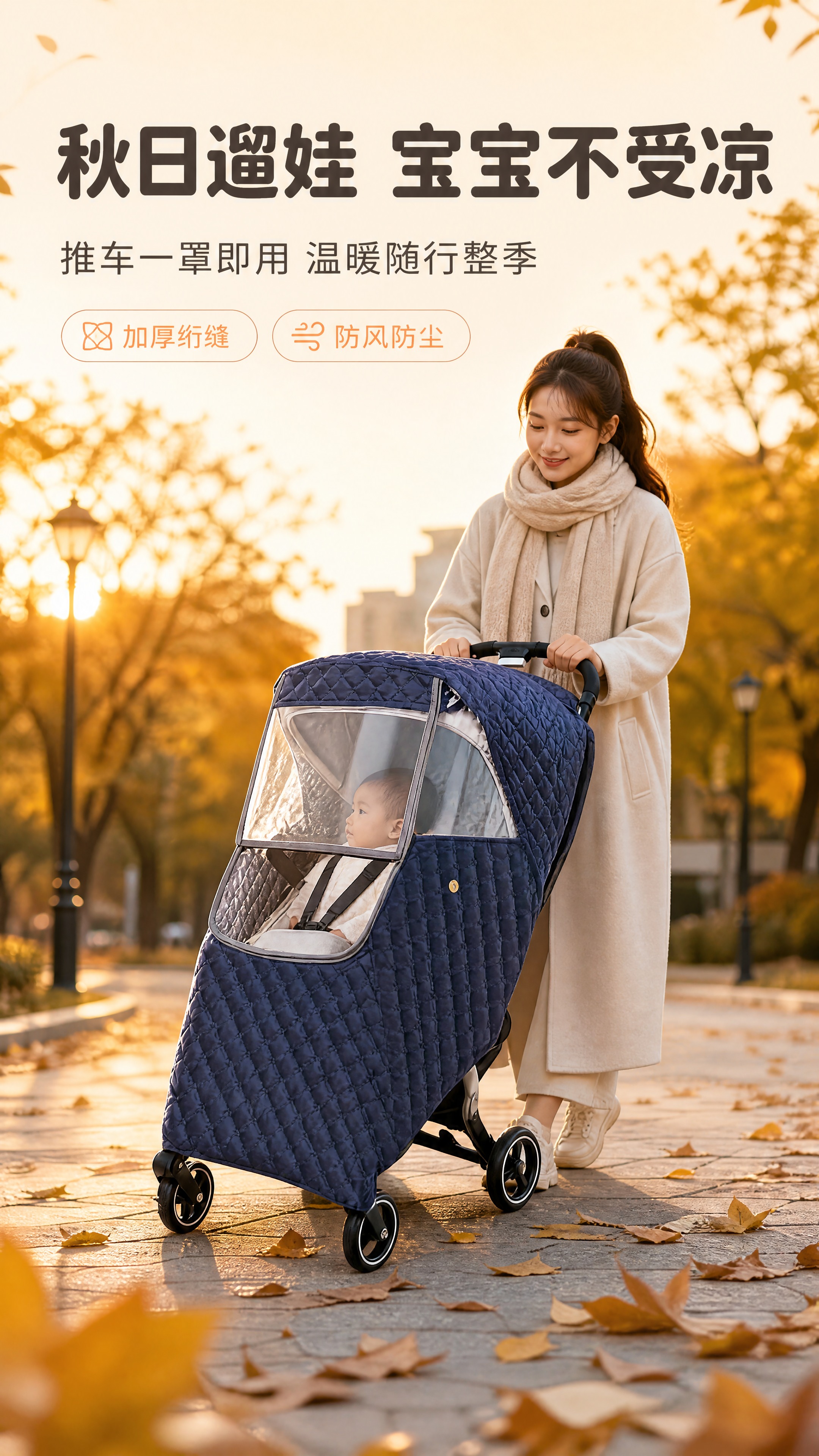 [商品] 使用【图2】藏青色绗缝婴儿推车保暖罩，套在黑色婴儿推… - 图片创意预览