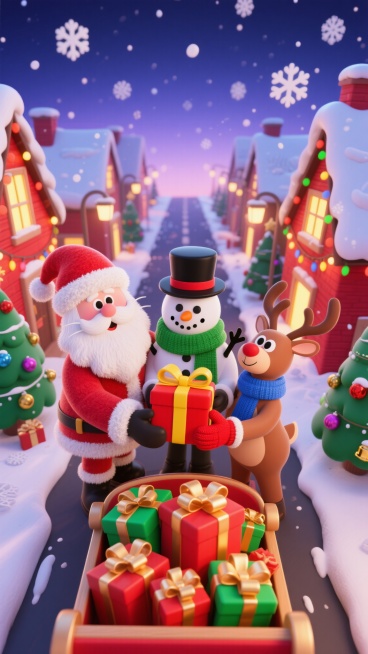 俯视视角（强透视俯看猫眼的镜头），画面中的人物呈现出仰视镜头的姿态，3D卡通渲染，童趣节日风，色彩鲜艳明快，光影柔和且富有节日氛围感，材质表现写实且带可爱质感（如毛绒、光泽、蓬松肌理）。戴着红色圣诞帽预览效果