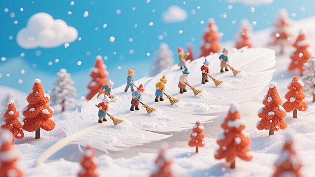 软3D风格的微缩艺术场景，粘土质感的小人清扫羽毛上的雪，橙色圣诞树点缀冬日，梦幻温馨中透出趣味与可爱。