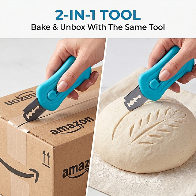 1:1 square ratio, dual-use split-screen shot, left side: the blue bread lame (multifunctional开箱刀) slicing through a cardboard Amazon package, right side: the blue bread lame scoring bread dough. Keep the product design strictly 1:1 as the reference image. Clean, bright background. Text overlay at the top: "2-IN-1 TOOL", subtitle: "Bake & Unbox With The Same Tool". Practical, value-focused visual.
