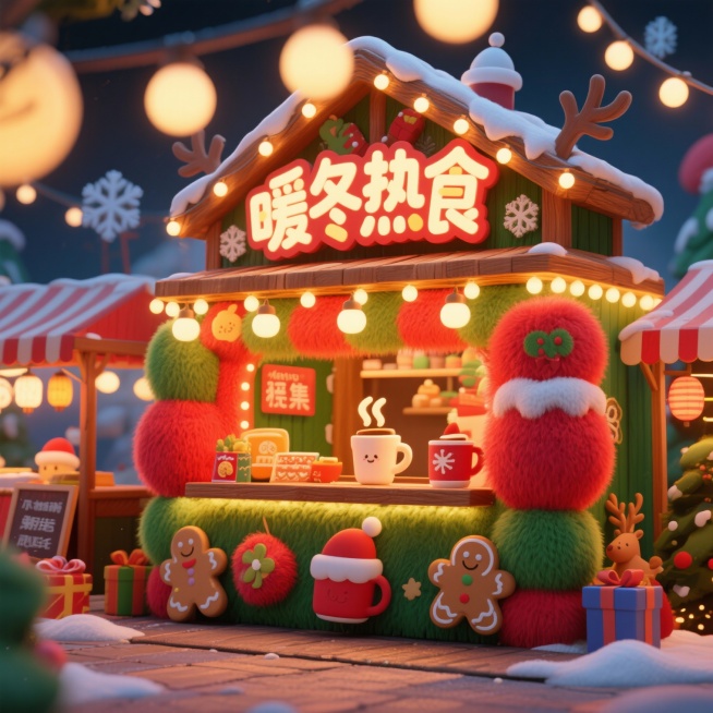 圣诞节主题的暖色系摊位门头设计，红绿金为主色调，带有节日灯饰与雪花装饰，复古木质结构，顶部挂有大型圣诞招牌，招牌上写着“暖冬热食”，加入可爱的圣诞素材如姜饼人、热饮杯、礼物盒、鹿等元素，整体氛围温馨、预览效果