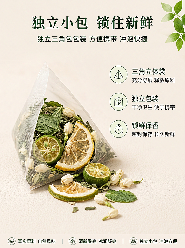 [独立包装卖点详情图] 薄荷青桔柠檬茶独立三角包卖点详情图，延续整体清新绿色风格。
[画面主体] 左侧展示一个打开的三角包，能清晰看到内部混合原料：薄荷叶、柠檬干、青桔干、茉莉花，原料散出一点，真实可见。右侧三个卖点图标加文字说明。
[文字版式] 顶部深绿色大标题 "独立小包 锁住新鲜"，下方小字 "独立三角包包装 方便携带 冲泡快捷"。右侧三个卖点，每个卖点配图标：
1. 三角立体袋 充分舒展 释放原料
2. 独立包装 干净卫生 便于携带
3. 锁鲜保香 密封保存 长久新鲜
[背景风格] 浅米色背景，右上角点缀绿色叶子装饰，整体干净清新，和整体详情风格统一。
[光影质感] 自然明亮光线，商业高清质感，三角包和原料清晰逼真，文字清晰易读。
[比例分辨率] 3:4 比例，2K分辨率，文字清晰可辨。
[负向提示词] 变形，水印，文字错乱，错字，原料错误，背景杂乱