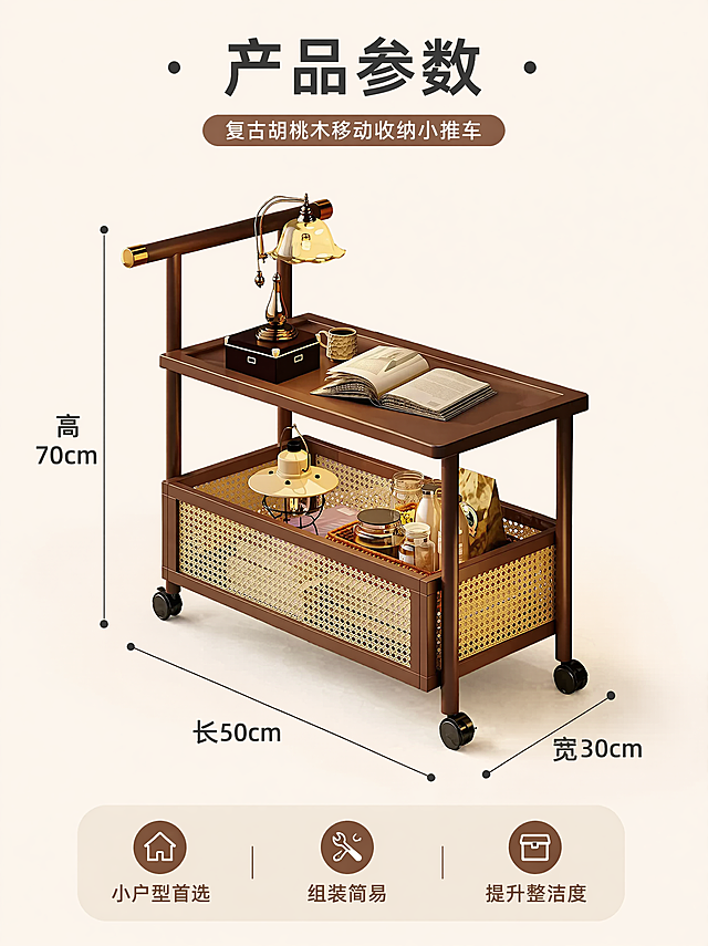 [主图-5] 复古胡桃木移动收纳小推车规格参数图。氛围风格：清晰直观，简约明了。画质：商业摄影质感，光线柔和通透，产品清晰真实，画面干净高级。元素：产品主体斜放居中，背景浅暖纯色，清晰标注长宽高核心尺寸：长50cm宽30cm高70cm，引线连接对应位置，标注清晰易读；保持产品外观与输入产品图绝对一致，杜绝任何变形和色差。光影：均匀柔和光线，尺寸标注清晰不遮挡产品。配色：浅米色背景，胡桃木产品主体，深灰色尺寸标注文字，对比清晰。文字版式：底部总结优势：“小户型首选 组装简易 提升整洁度”，文字居中清晰。比例分辨率：3:4比例，4K分辨率，文字清晰可辨，超高清。负向提示词：变形，水印，文字错乱，产品图模糊，背景杂乱。