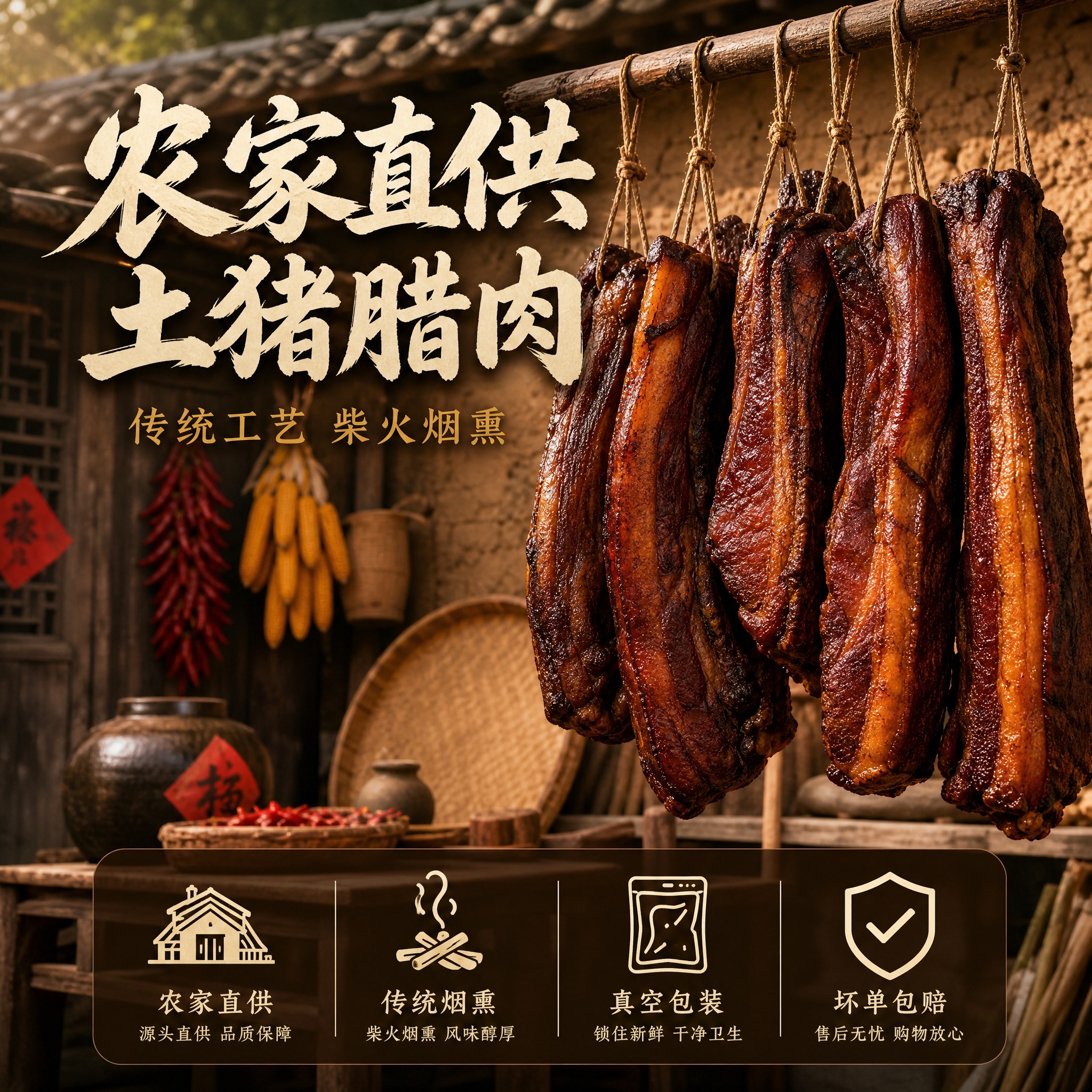 [主图-5] 川味腊肉农家溯源与服务承诺图，强化农村土味产地信… - 图片创意预览