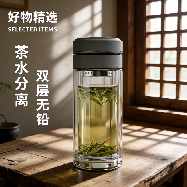 日系侘寂风茶系氛围，原木做旧茶桌，清晨柔光从木格窗洒入，斑驳温柔光影，主体高透双层茶水分离玻璃杯，通透干净，保留原灰色盖子，构图居中留白，色调温暖低饱和，无多余道具，美化文字好物精选 SELECTED预览效果