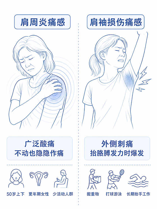 医疗科普插画，浅蓝色线稿风格，白色背景。左右对比布局：左侧标题"肩周炎痛感"，画一个人捂着整个肩膀，肩膀一圈有广泛的酸痛波纹线，配文"广泛酸痛 不动也隐隐作痛"，下方小字"50岁上下 更年期女性 少活动人群"；右侧标题"肩袖损伤痛感"，画一个人抬胳膊时表情痛苦，肩膀外侧三角肌位置有刺痛闪电符号，配文"外侧刺痛 抬胳膊发力时爆发"，下方小字"搬重物 打球游泳 长期抬手工作"。整体简洁专业，医学科普插画，小红书竖版3:4比例