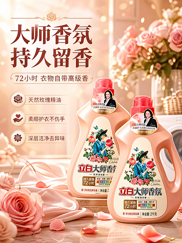 [商品] 使用【图1】立白大师香氛洗衣液2kg瓶装；保留瓶身粉橘色外观、立白大师香氛Logo、玫瑰鸟插画、72小时持久留香文字、2kg净含量标识、瓶盖红色、瓶身整体造型与比例；增强瓶身质感与标签清晰度。
[画面] 目标：头图海报，突出高级香氛感与持久留香核心卖点。构图：左文右物，产品占画面60%，右侧两瓶洗衣液高低错落摆放，左侧留白放文案。景别：全景。场景：温馨优雅的家居洗衣房一角，背景有柔和的玫瑰花束、丝绸衣物飘带、暖金色光斑，营造高级香氛氛围。前景点缀玫瑰花瓣，中景产品主体，后景虚化家居环境。
[视觉] 套系策略：风格=高级香氛家居商业摄影；标题字=优雅衬线粗体；正文字=简洁黑体；主色=玫瑰粉橘；背景延展=基于玫瑰粉橘做深浅渐变、暖金柔光和细腻丝绸/花瓣质感；强调色=暖金色，仅用于小面积图标、引线、标签和光斑；标题色=深玫瑰棕；正文色=暖灰棕；组件=圆角玫瑰金信息卡、细线引线、玫瑰图标；光影=左前侧暖柔光，产品右侧轮廓光。
[文字] 左侧上方主标题"大师香氛 持久留香"，副标题"72小时 衣物自带高级香"，下方3个短卖点：「天然玫瑰精油」「柔顺护衣不伤手」「深层洁净去异味」，文字横向排版，不遮挡产品主体。
[规格] 图片比例3:4竖版，4K，避免变形、错字、文字过小、冷蓝背景、瓶身颜色改变、包装文字错乱。