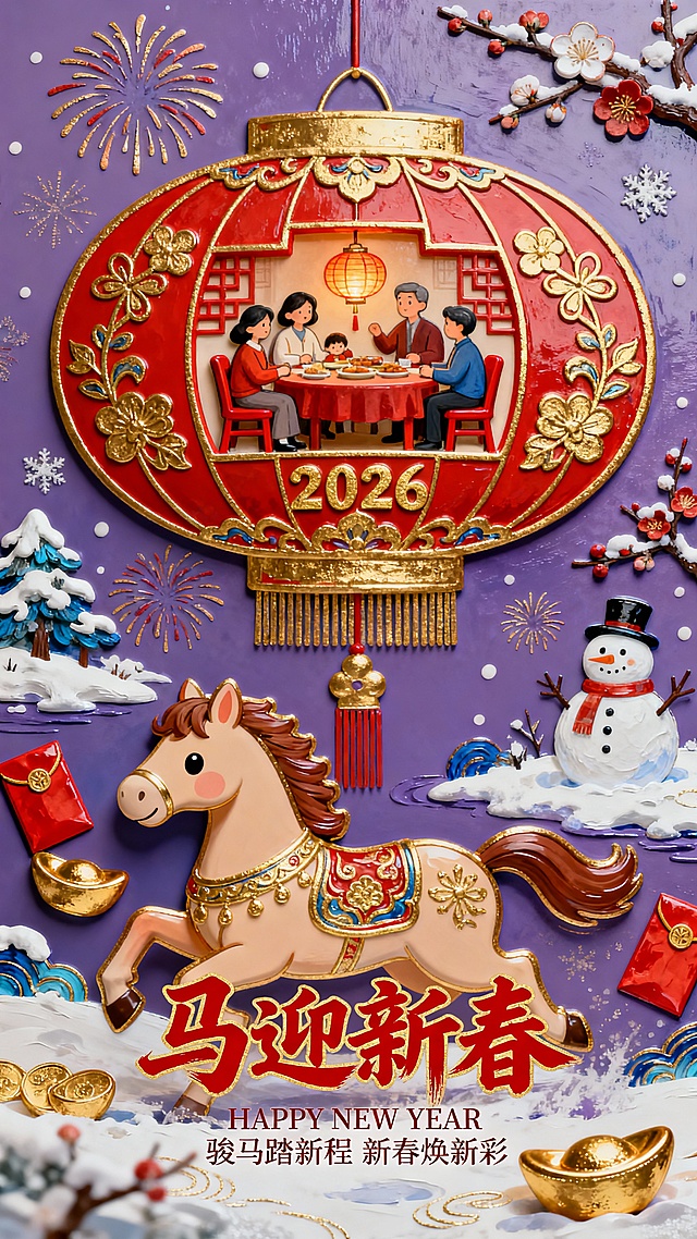 微缩艺术，马年新春海报，喜庆，融合传统新春元素与萌系Q版设计。前景为Q版奔跑姿态马形吉祥物，搭配红包、金元宝装饰；中心主体是巨大红色花灯春字造型（作为场景容器），中式纹样，春字内部嵌入微缩家庭聚餐场景（家人围坐红椅、餐桌，桌上有灯笼），春字带上“2026”金色字与传统花纹；主色调为暖蓝紫色深夜背景（装饰烟花、雪景和雪人、梅花），搭配红、金、白新春配色，整体色调柔和明快。醒目书法大字“马迎新春”（笔触灵动的红色书法体），书法字下方为英文“HAPPY NEW YEAR”+诗句“骏马踏新程 新春焕新彩”（简洁衬线字体）。