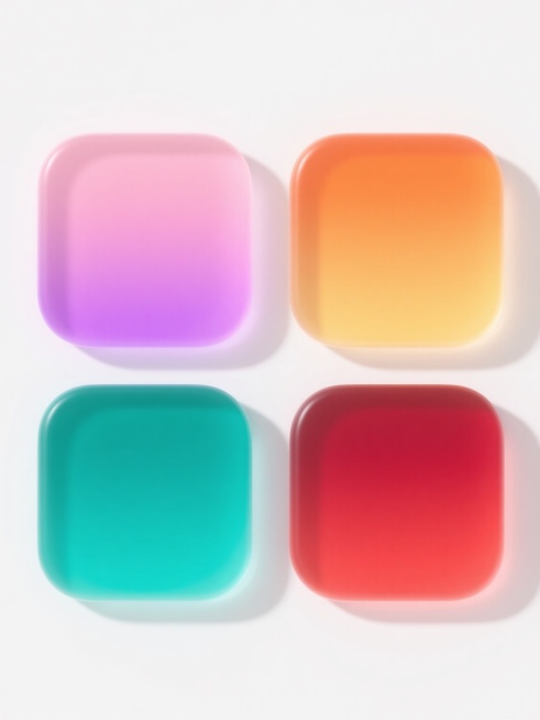 白色背景，4个圆角方形元素规整排布的系列素材集合，每个元素保持相同的现代简约3D风格，具有光滑半透明渐变质感、柔和边缘高光和轻微阴影效果，整体画面干净通透，氛围清新明快；第一个方形为粉色到淡紫色的渐变，第二个为橙色到黄色的渐变，第三个为绿色到青色的渐变，第四个为红色到深红色的渐变，所有元素类目统一为纯色渐变圆角方形，无其他装饰。预览效果