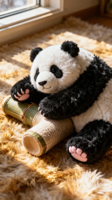 圆滚滚的毛绒大熊猫，全身覆盖黑白长绒，黑绒蓬松，白绒细腻，爪垫是浅粉短绒，趴在毛绒竹节玩具上，背景是铺着毛绒地毯的冬日窗台，暖阳斜射，绒絮纹理清晰可见，Photorealistic 质感预览效果