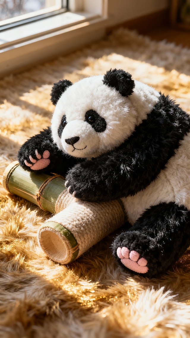 软3D风熊猫玩偶，毛发生长质感细腻，怀抱竹筒坐于绒毯之上，暖光洒落，营造温馨可爱氛围，融合面料纹理与重拟物设计，传递舒适治愈感。