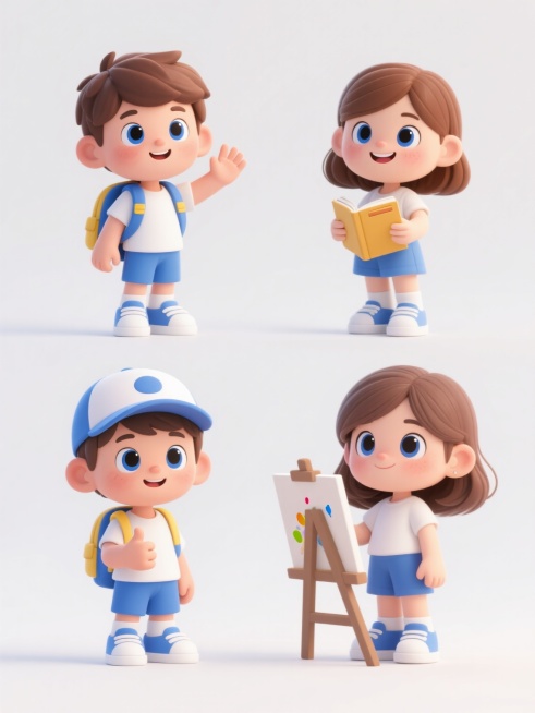 3D卡通风格系列人物集合，保持原角色的可爱Q版比例、圆润边缘、高饱和色彩（棕色头发、蓝色大眼睛、白色T恤、蓝色短裤、蓝黄背包、白色运动鞋）和明亮光影效果，包含四个完全不同造型的小人：1. 背着书包挥手的男孩 2. 抱着书本微笑的女孩 3. 戴着棒球帽竖大拇指的男孩 4. 提着画板的艺术少女，所有角色在纯白色背景上呈规整的2x2网格排布，保持统一的3D渲染质感和卡通表情。预览效果