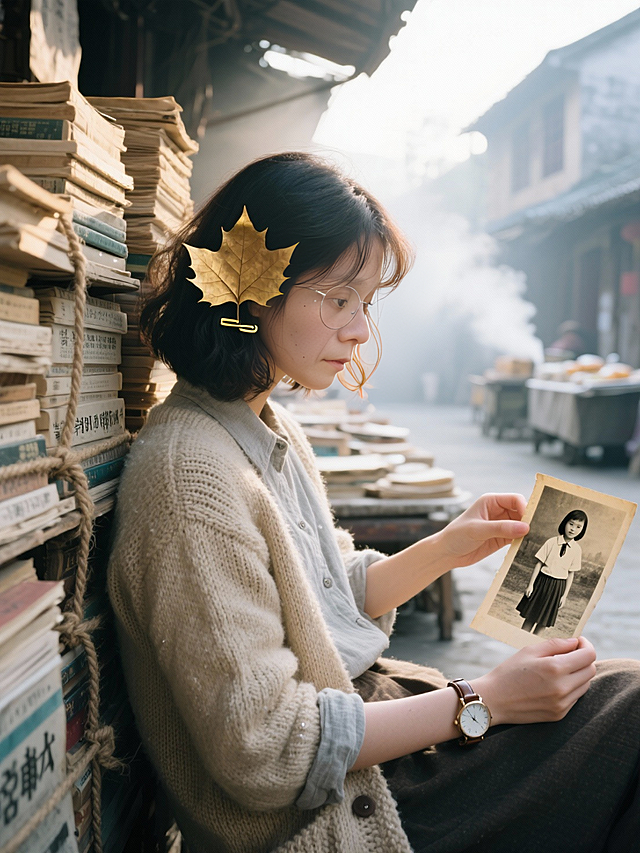 复古胶片风，东亚街巷静谧晨光中，女子倚书堆凝视旧照，金叶发夹与浮雕质感交织，拼贴式叙事诉说时光诗意。