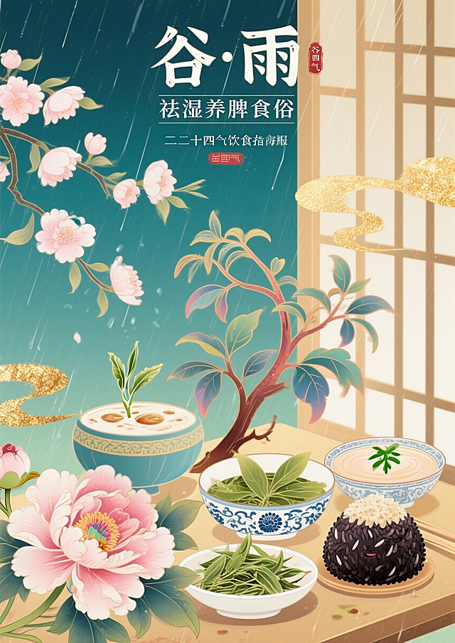 国潮插画风格，二十四节气谷雨饮食指南海报，画面主体是香椿、谷雨茶、乌米饭等谷雨传统食物，搭配牡丹盛放、春雨、新抽的茶芽等谷雨节气元素，顶部有文字"谷雨·祛湿养脾食俗"，整体色调鲜妍温润，传统国风配色，适合上墙展示