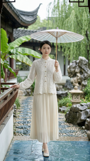 新中式贵气氛围感大片，全身人像，24岁左右气质温婉的东方女生，鹅蛋脸，清透贵气的淡妆，黑长直柔顺低盘发，点缀一支珍珠发簪，眉眼温柔，自带书香贵气感；配饰为小巧的珍珠耳钉、细款珍珠锁骨链，手持一把透明古预览效果