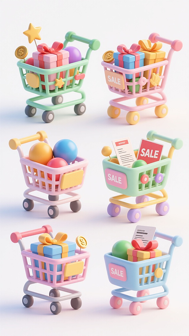 六个不同外观、色彩和风格的卡通购物车整齐排列，每个购物车都装满了不同的礼物盒、彩色球体和购物元素，有的带有星星和金币装饰，有的配有"SALE"卡片和收据，整体采用明亮活泼的马卡龙色系，3D立体效果，圆润可爱的造型，简洁干净的白色背景，充满童趣和购物氛围