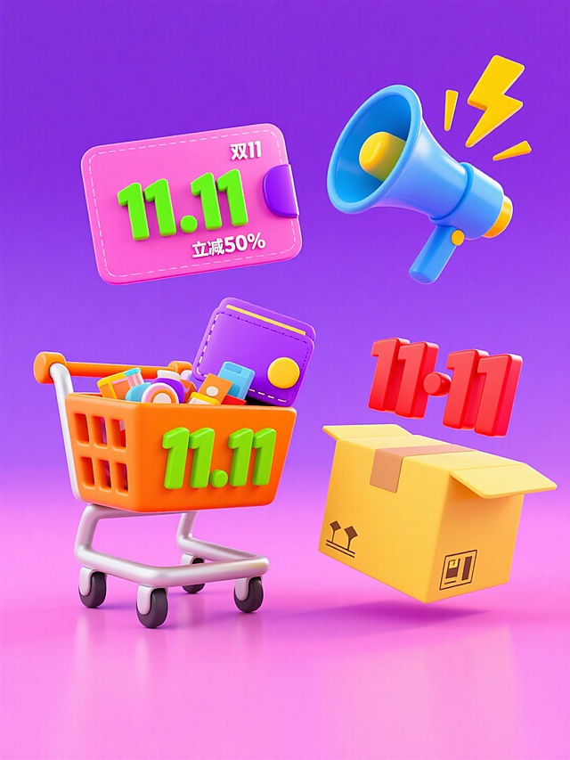 软3D风格，卡通化购物元素，萌趣色彩搭配，突出双11促销信息，充满童趣与活力。