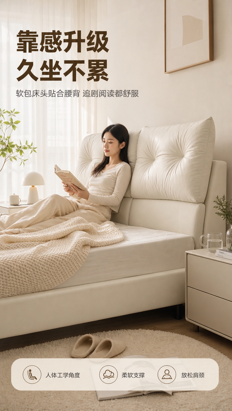 [商品] 使用【图1】奶油白色软包床头双人床；保留双块方形软包… - 图片创意预览