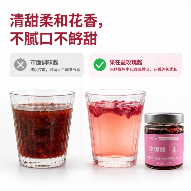 [单张主图] 贵州果在益玫瑰酱甜度口感对比电商主图，清爽简约视觉。
[画面主体] 1:1正方形构图，纯白底柔光，左右对半分栏对比。左右两杯透明玻璃杯玫瑰茶饮：左侧杯：展示工业勾兑玫瑰糖浆，呈现暗沉浑浊预览效果