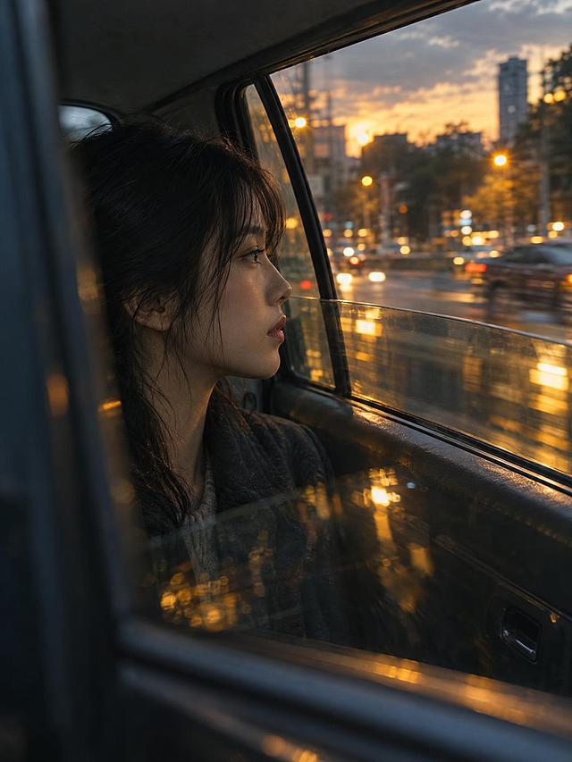 竖版3:4写实电影静帧：车内视角，原创东亚年轻女性坐在旧轿车后座，隔着半降的车窗望向右侧，镜头拍到她的安静侧脸与玻璃上的暖黄街灯反光，前景有轻微虚焦的车窗边框，黄昏街景在背景流动般虚化。低饱和青灰与琥珀黄调色，真实电影摄影质感。画面中无文字、无水印、无logo、无字幕。超高清2K画质，细节丰富。