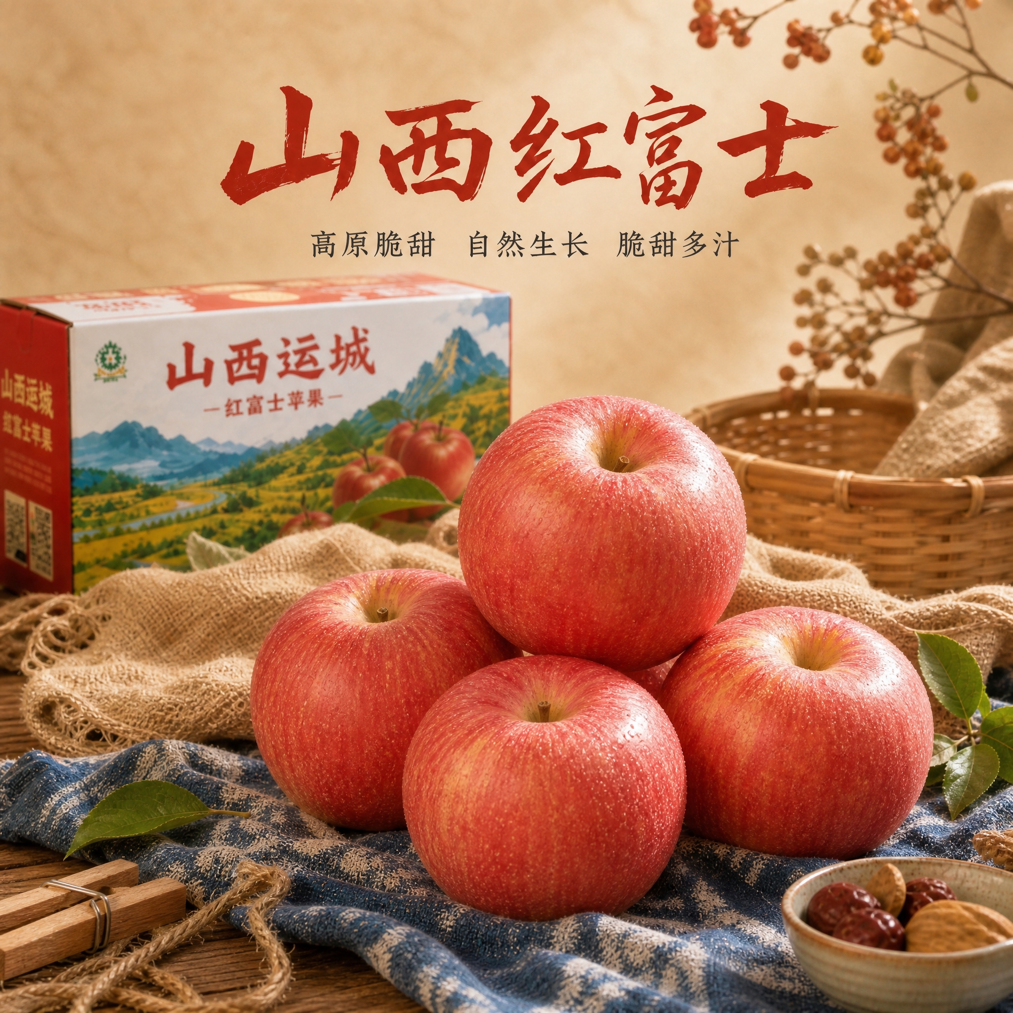 商业静物摄影，原生态质朴风格电商主图海报。画面上方留白处有赤红… - 图片创意预览
