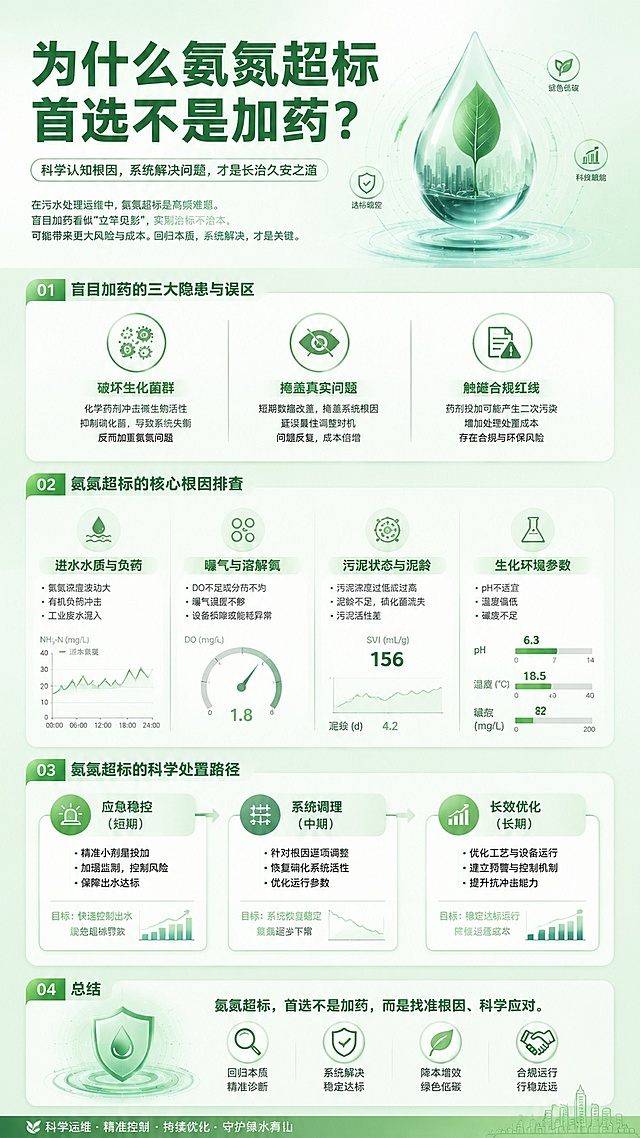一张严肃简洁的环保科普海报，主色调为清透浅绿色系，高科技感，干净整洁专业风格。海报采用竖版长图排版，层级清晰。顶部大标题："为什么氨氮超标首选不是加药？"，副标题简述污水处理运维中氨氮超标痛点。正文分四大板块：1.盲目加药的三大隐患与误区（破坏生化菌群、掩盖真实问题、触碰合规红线）；2.氨氮超标的核心根因排查（进水水质与负荷、曝气与溶解氧、污泥状态与泥龄、生化环境参数）；3.氨氮超标的科学处置路径（应急稳控、系统调理、长效优化）；4.总结。整体版式现代简约，使用浅绿色渐变背景，搭配科技感线条和数据可视化元素，文字排版清晰有层次，体现专业环保科普调性。