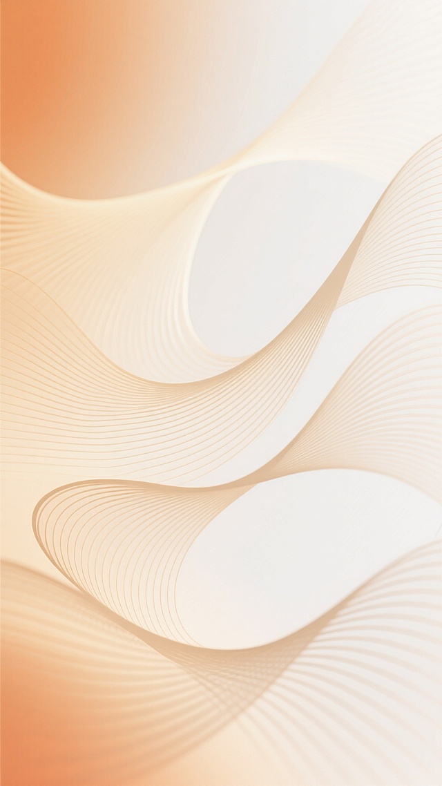 一张极简风格的抽象背景图，画面主体由流畅飘逸的波浪形线条构成，线条呈现出细腻的纹理感和规律的排列，整体造型富有动感和韵律美。主色调改为温暖的米黄色和柔和的橙色渐变，搭配纯净的白色作为过渡和高光，营造出明亮、温馨且现代的氛围。光线从画面中心向四周柔和扩散，形成自然的光影层次，增强了空间的通透感和立体感。整体设计简洁大方，没有多余的装饰元素，保持高度的简约质感和视觉统一性，给人一种宁静、舒适且充满希望的感觉。