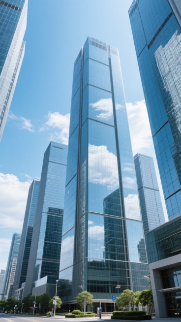 现实风格城市高楼场景，多栋现代玻璃幕墙摩天大楼，主体建筑高耸挺拔，玻璃表面清晰反射蓝天白云，建筑线条简洁利落，整体色调以蓝灰色为主，干净通透的画面质感，自然光线下明亮清晰的光影效果，底部可见少量绿色植物和街道设施，构图采用仰角视角突出建筑高度，无文字信息，适合作为背景素材使用的高清摄影图像。预览效果