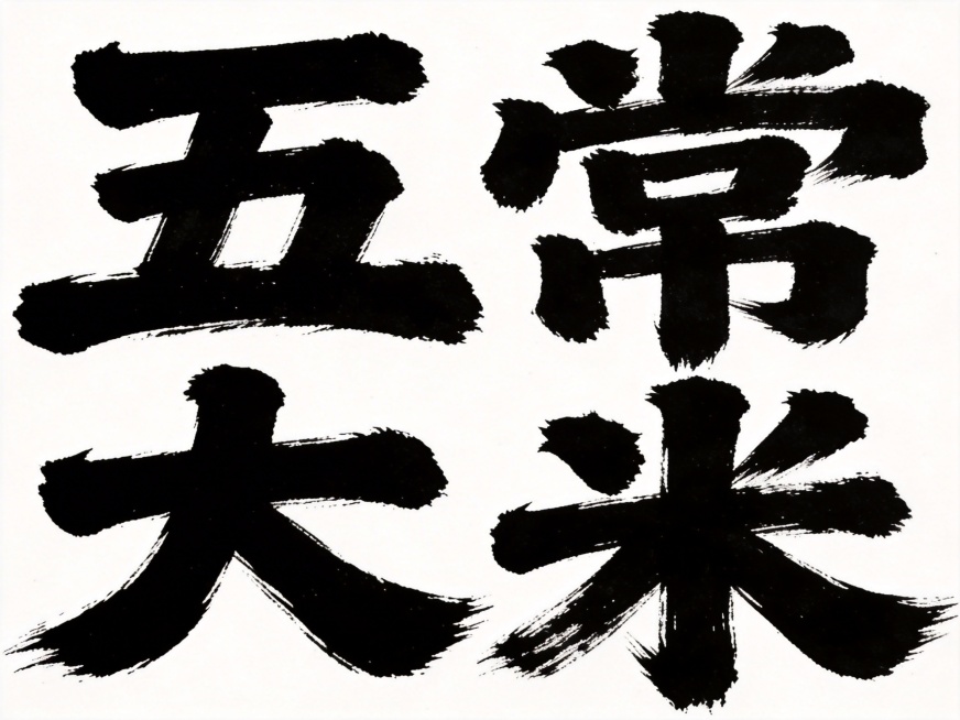 干净的纯白背景。平面艺术字体设计，四个字主体文字"五常大米"，所有文字单行横向排列，苍劲有力的毛笔书法笔触，笔画粗细对比强烈，飞白自然洒脱，整体结构舒展大气，纯黑色字体，无额外装饰。仅包含四个字："五预览效果